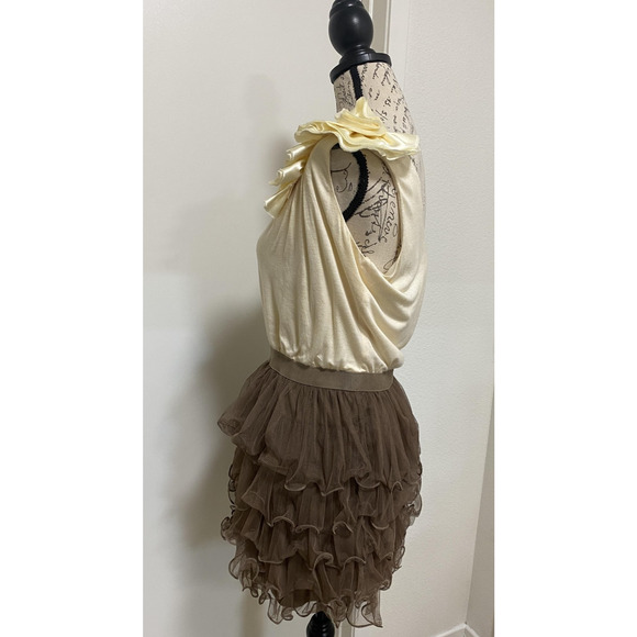 Windsor Dress Womens Large Cream Brown One Shoulder Ruffle Tulle Party Y2K - Picture 5 of 14